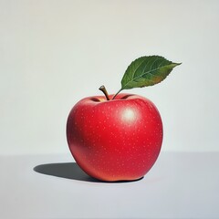 Poster - Shiny red apple resting on a simple surface with a green leaf on top, showcasing its vibrant color and smooth texture in natural light