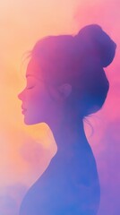 Poster - Serene portrait of a woman glowing with soft colors in a tranquil atmosphere during a warm sunset hour