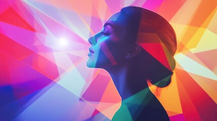 Poster - Serene portrait of a woman radiating tranquility against a vibrant geometric background in a creative and artistic setting