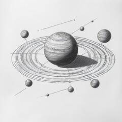 Poster - Detailed pencil sketch of a solar system model showcasing planets and rings in artistic representation