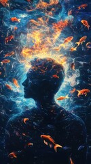 Leinwandbilder - Mystical silhouette of a man surrounded by vibrant colors and flowing golden fish in an ethereal atmosphere