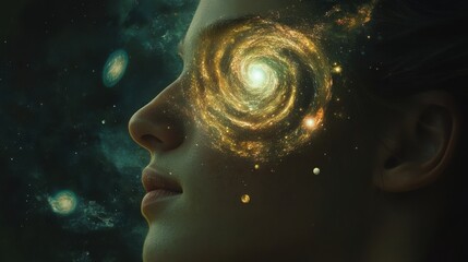Aufkleber - Mystical woman's face reflects a swirling galaxy symbolizing the universe within