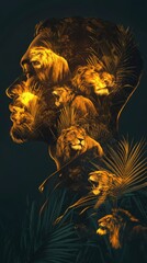 Poster - Mystical depiction of a man's profile with vibrant lions and lush foliage integrating into his silhouette