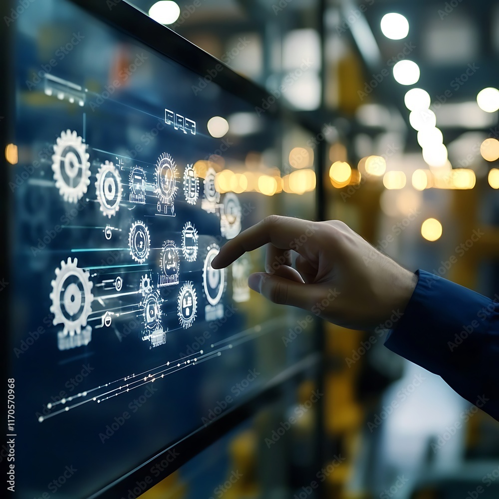 Lean Into Screen Businessman’s hand touching a digital glass screen to explore lean ...