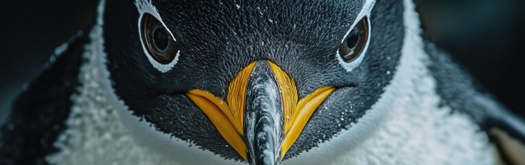 Poster - Close-up perspective of a penguin's face revealing intricate details and vibrant colors in a natural setting