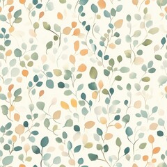 Poster - Gentle watercolor doodle of leaves and branches in soft colors on a light background