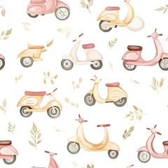 Poster - Charming watercolor doodles of vintage scooters amidst delicate floral patterns
