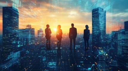 Poster - Futuristic cityscape at sunset with silhouettes of people overlooking a vibrant skyline