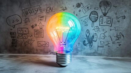 Poster - Futuristic light bulb glowing softly with rainbow colors among symbolic sketches on a grey backdrop