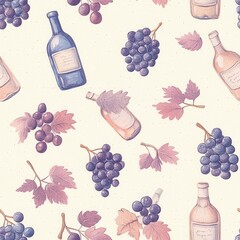 Fototapete - Gentle watercolor doodle patterns featuring grapes and wine bottles in soft pastel colors for creative designs