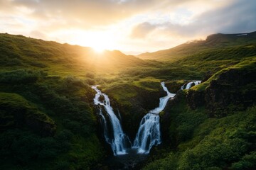 Poster - Water flows gracefully down the cliffs, surrounded by vibrant green moss and rich foliage, creating a serene visual under the dramatic Icelandic sky at sunset