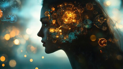 Leinwandbilder - conceptual visualization of a woman's thoughts illuminated by gears and abstract patterns in a dream