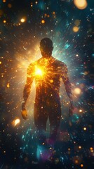 Aufkleber - Conceptual representation of a glowing man surrounded by cosmic energy in a vivid, imaginative setting