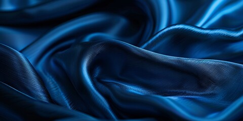 Blue wavy smooth shiny silk fabric texture luxurious background with copy space