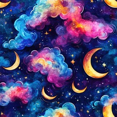 Poster - Bold watercolor cartoon doodles featuring vibrant clouds and crescent moons in a cosmic night sky
