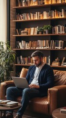 Poster - Serene moment of a man working on a laptop in a cozy library setting during the afternoon