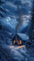 Poster - Snowy mountain landscape featuring a cozy cabin with smoke rising from the chimney during twilight