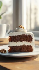 Aufkleber - Close-up view of a delectable slice of cake with rich layers and creamy frosting on a wooden table in a cozy setting