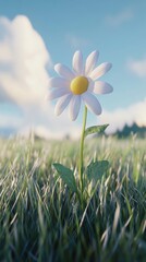 Aufkleber - Close-up view of a single daisy blooming in a grassy meadow under a clear blue sky during the warm afternoon