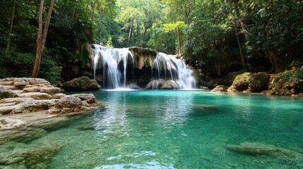 Poster - a serene waterfall cascades into a clear, turquoise pool, surrounded by lush greenery and natural ro