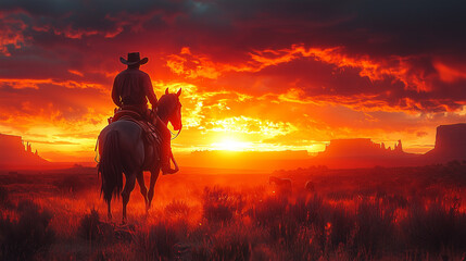 Cowboy with horse at a sunset