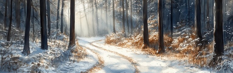 Poster - Winter pathway through a tranquil forest with soft sunlight filtering through trees