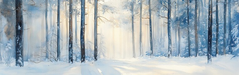 Poster - Winter forest landscape with soft light filtering through trees amid a snowy path in a watercolor style