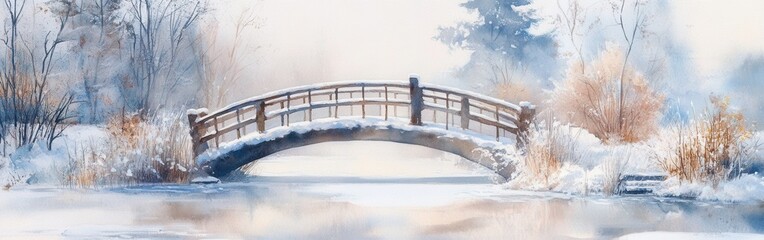 Poster - Snowy bridge over a tranquil river surrounded by serene winter landscape