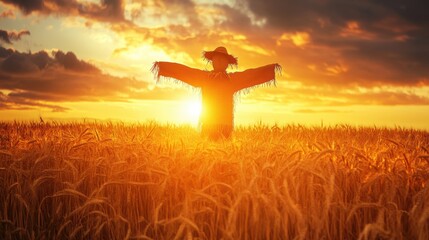 Aufkleber - Golden wheat field with a scarecrow at sunset showcasing nature's beauty