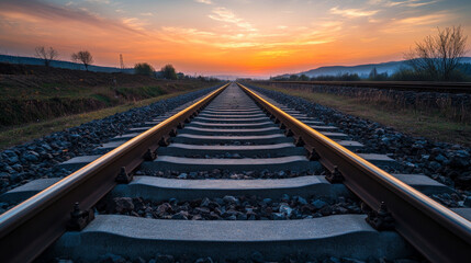 Wall Mural - Empty railway tracks stretching into the distance with a sunset backdrop, quiet and serene, no people