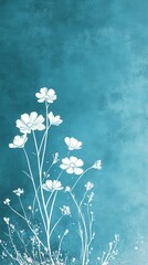 Poster - Minimalistic white floral sketches on a vibrant turquoise background create a serene and elegant atmosphere in modern art design