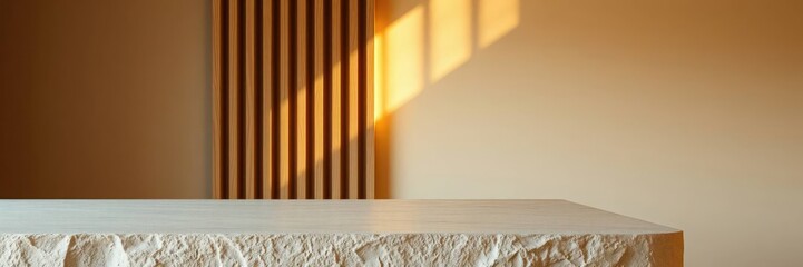 Aufkleber - a textured stone surface with vertical wooden slat and sunlight casting shadows in a room. the wall is painted in a soft, warm tone