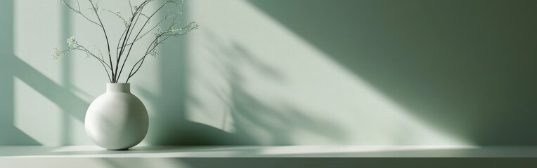 Poster - Minimalist green vase with delicate branches casting shadows on a serene wall in natural light