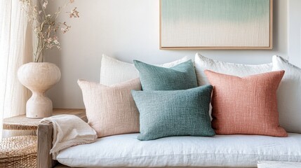 Poster - Elegant white canvas with faint pencil detailing complements cozy pillows in a serene living space