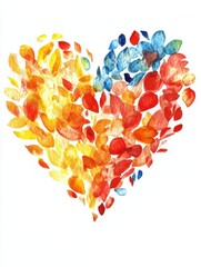Poster - colorful heart shape created with mixed autumn leaves and vibrant hues of red, orange, and blue on w