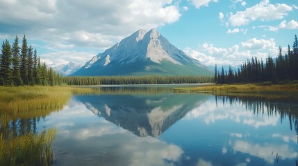 Canvas Print - Mountain reflected in a calm lake with evergreen trees.