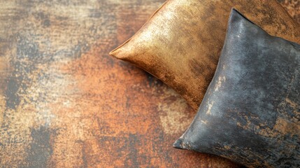 Aufkleber - Weathered metallic surface with warm tones featuring decorative pillows adding texture and warmth to the space