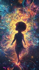 Poster - Vibrant visualization of a glowing child walking through a cosmic landscape filled with colors and light