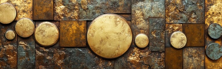 Aufkleber - Weathered metallic surface showcases warm tones and textured circles, enhancing the artistic appeal of industrial design