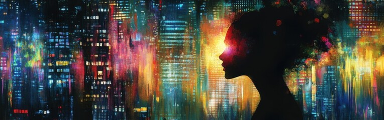 Poster - Vibrant cityscape silhouette of a woman against colorful urban backdrop at night