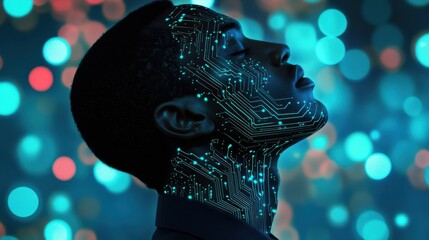 Poster - Portrait of a man illuminated with circuit patterns against a colorful bokeh background