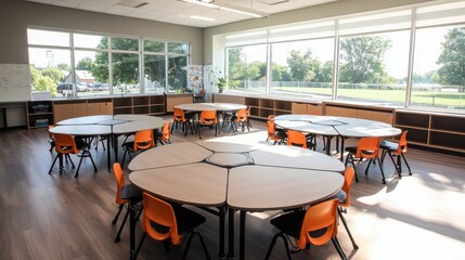 Aufkleber - Innovative classroom design for collaborative learning modern school interior photography bright environment wide-angle view creative concept
