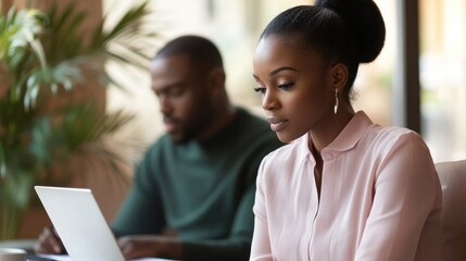 Poster - Professional woman working intently in a modern cafe while a man studies behind her