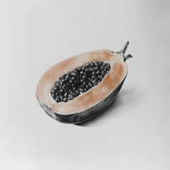 Poster - Creative drawing of a ripe papaya showcasing its vibrant orange flesh and contrasting black seeds