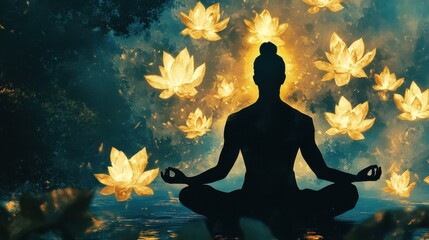 Aufkleber - Mystical silhouette of a man meditating surrounded by glowing lotus flowers at twilight