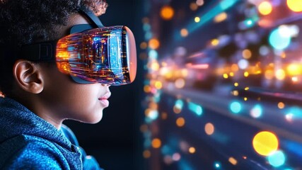 Poster - Child engaged in virtual reality experience exploring vibrant digital landscapes at home