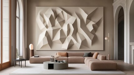 Aufkleber - Minimalist living room featuring a textured wall art piece and stylish furniture in a calm, neutral setting