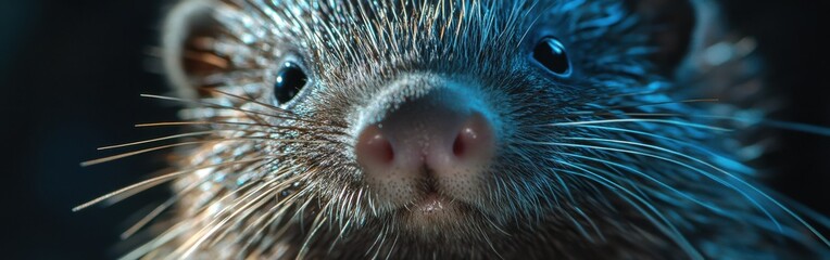 Poster - Close-up view of a porcupine's face with detailed quills and unique facial features at twilight in its natural habitat
