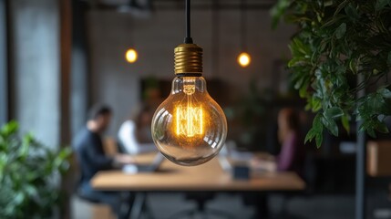 Poster - Vintage-style light bulb illuminating a cozy workspace with people engaged in conversation and collaboration
