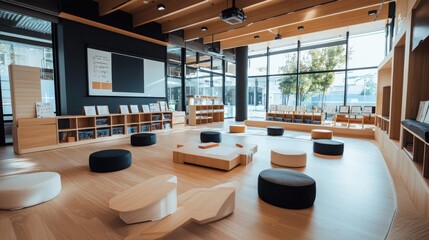 Poster - Innovative classroom design showcasing flexible learning spaces modern educational facility interior architecture bright and open environment wide-angled view collaborative learning concept